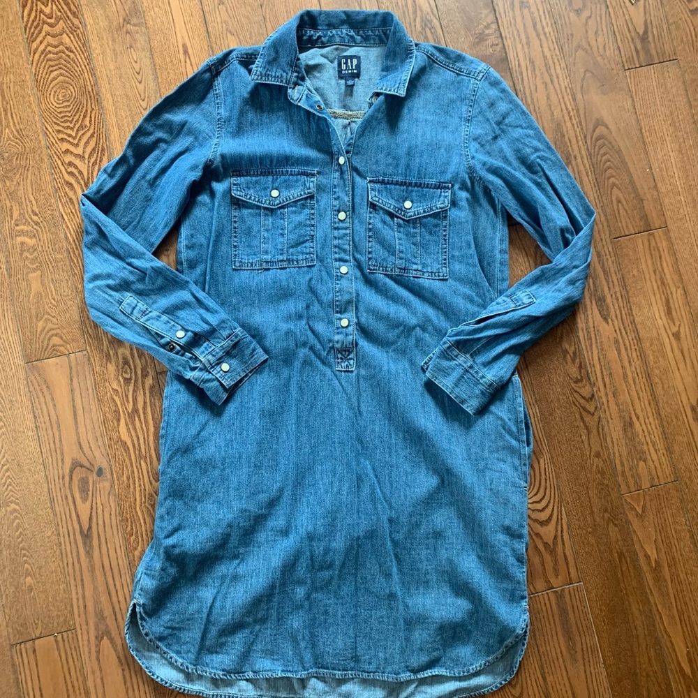 Gap medium wash denim long sleeve button up collard tshirt dress - Picture 1 of 8